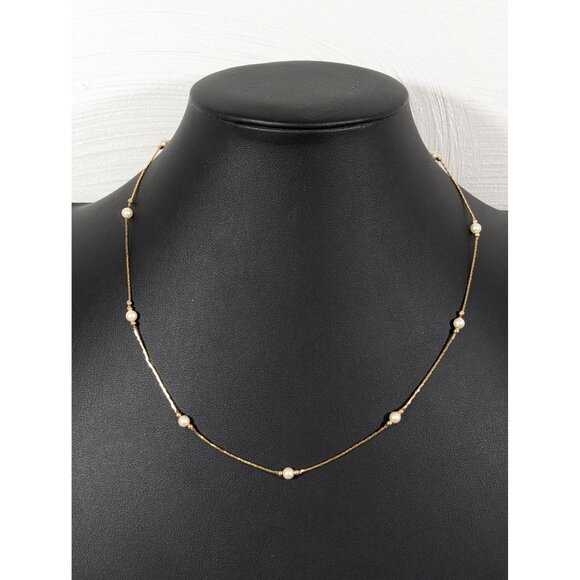 Vintage Monet Faux Pearl Station Chain Necklace Gold Tone Dainty 18" - Picture 1 of 7